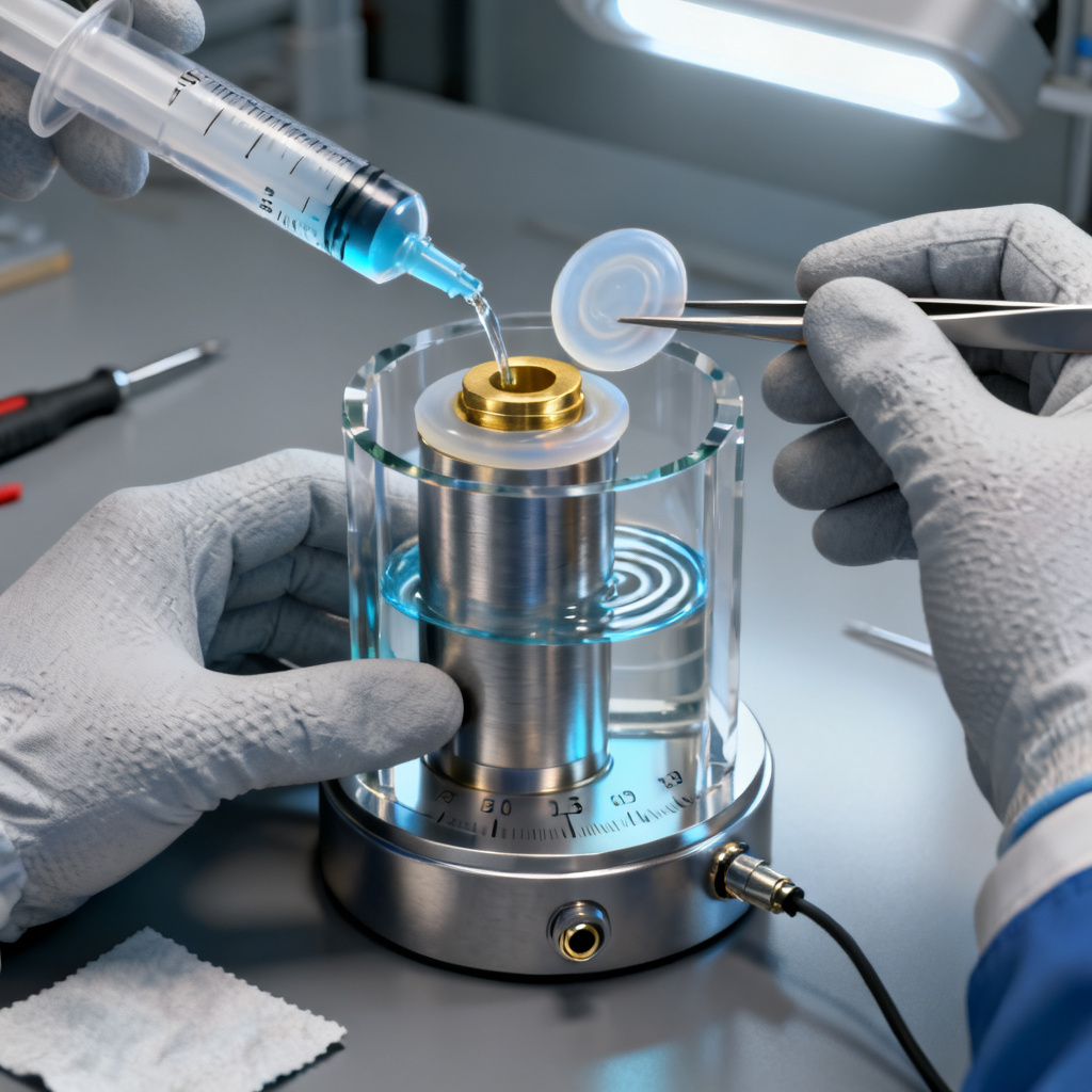 Technician replacing membrane and electrolyte kit on electrochemical DO sensor for maintenance