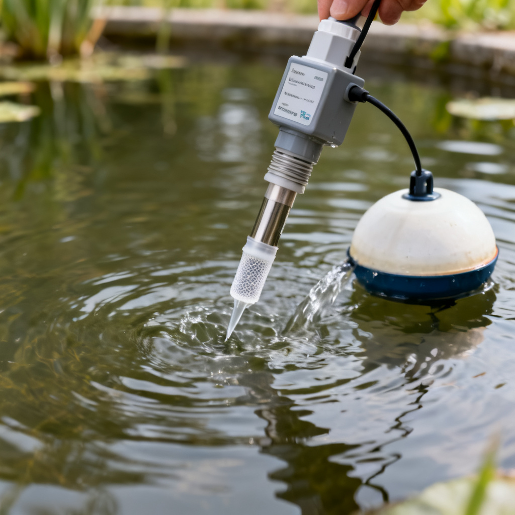 Electrochemical dissolved oxygen sensor for pond installation showing membrane and flow requirement