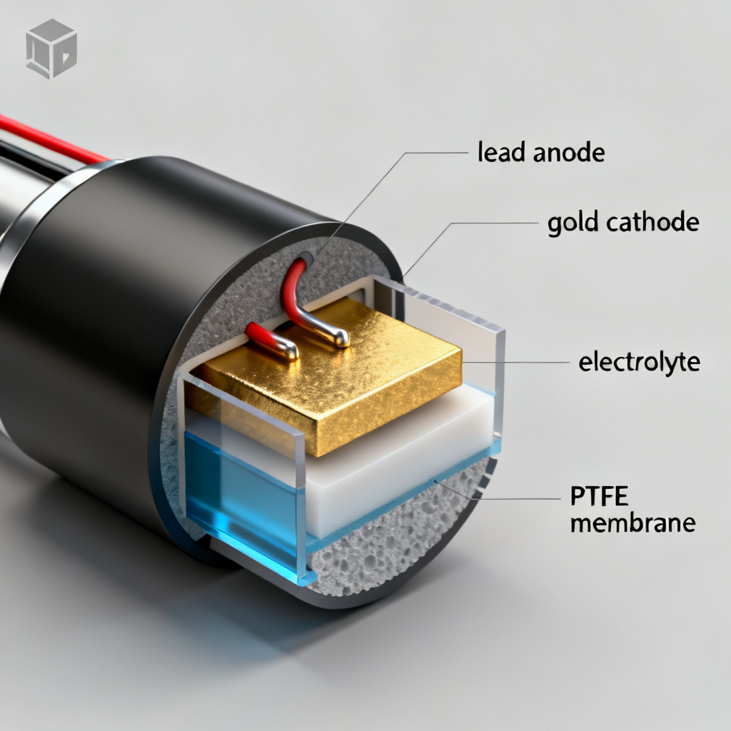 Galvanic dissolved oxygen sensor cross-section showing lead anode and gold cathode