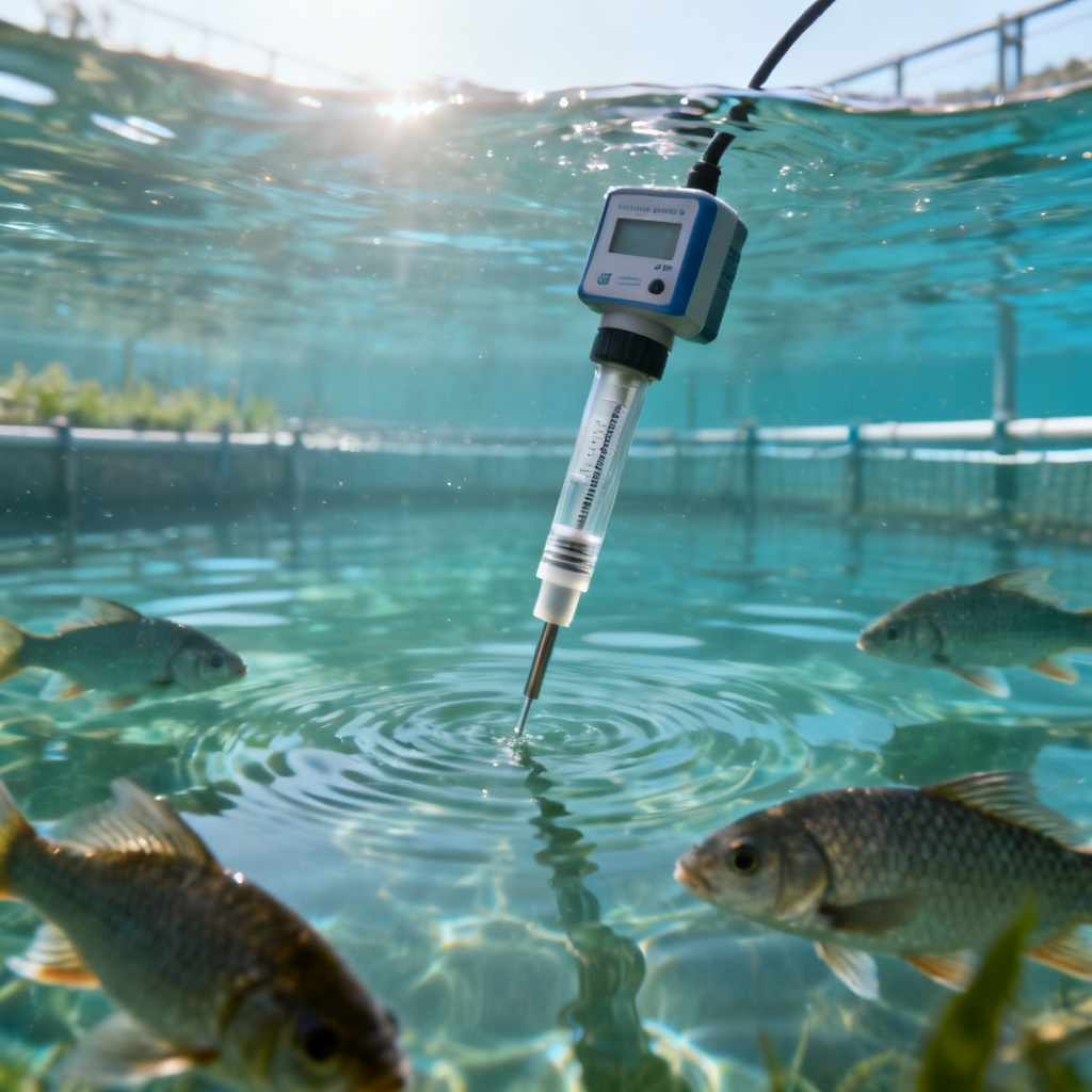 Optical dissolved oxygen sensor installed in aquaculture pond for real-time DO monitoring