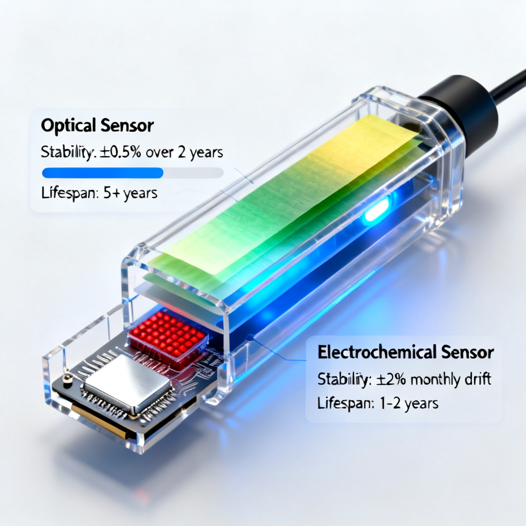 Optical DO sensor technology comparison showing sensor components