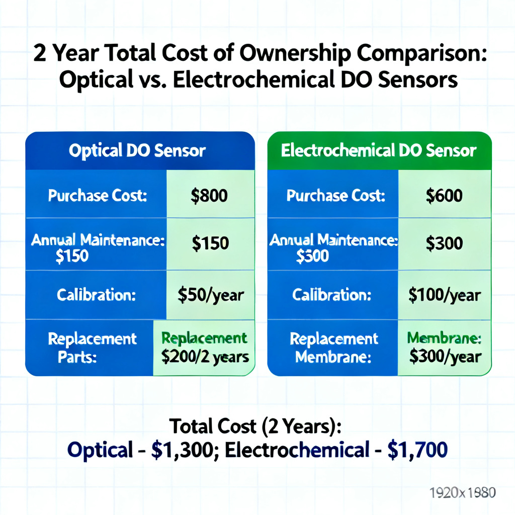 Optical vs electrochemical DO sensor cost comparison table showing TCO savings