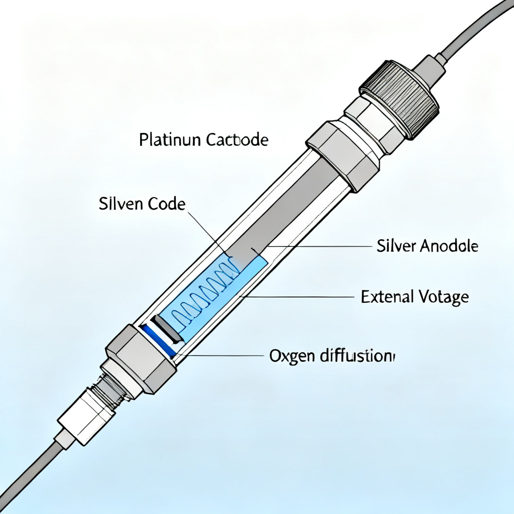 Polarographic dissolved oxygen sensor diagram with external voltage circuit