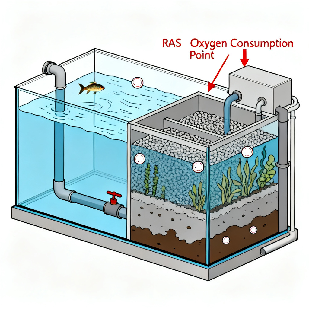 Diagram of oxygen consumption points in RAS including fish biofilter and sludge with dissolved oxygen sensor placement