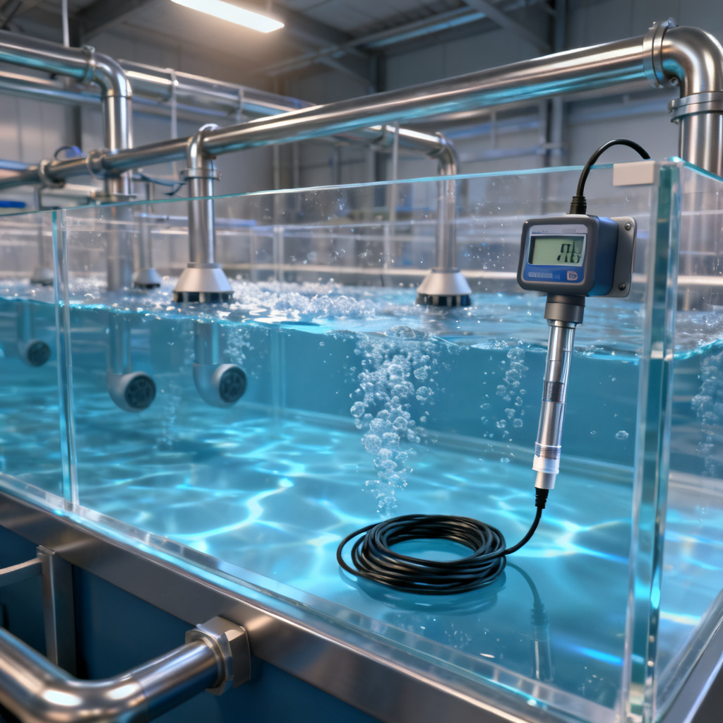 Salmon RAS tank with aeration and dissolved oxygen sensor for cold water management