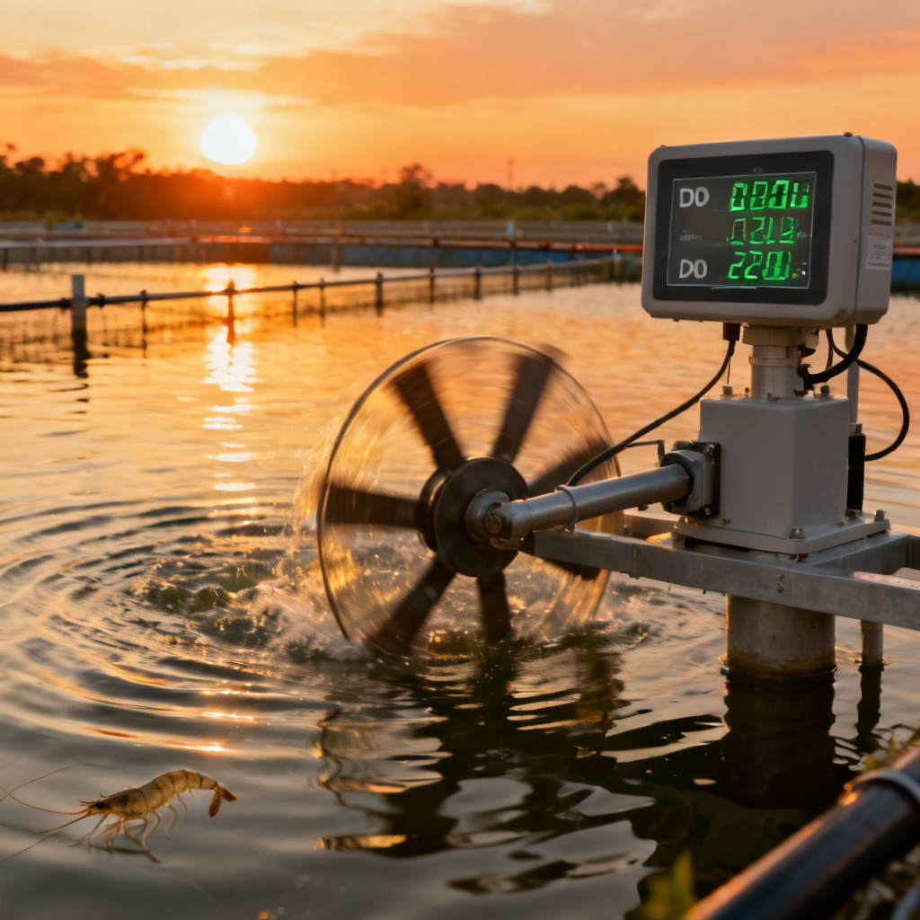 Shrimp farm DO monitoring case study showing sensor data and aeration system