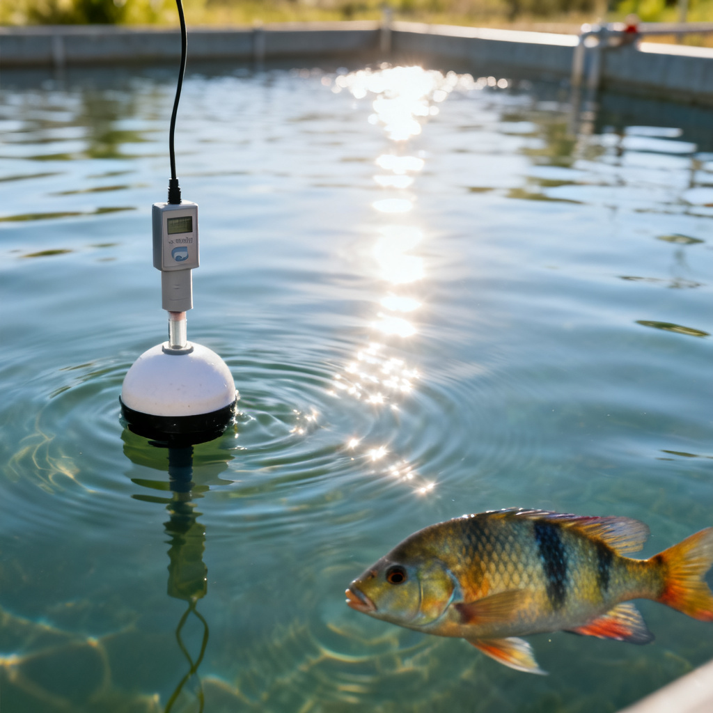Dissolved oxygen sensor installation in a tilapia pond for aquaculture monitoring